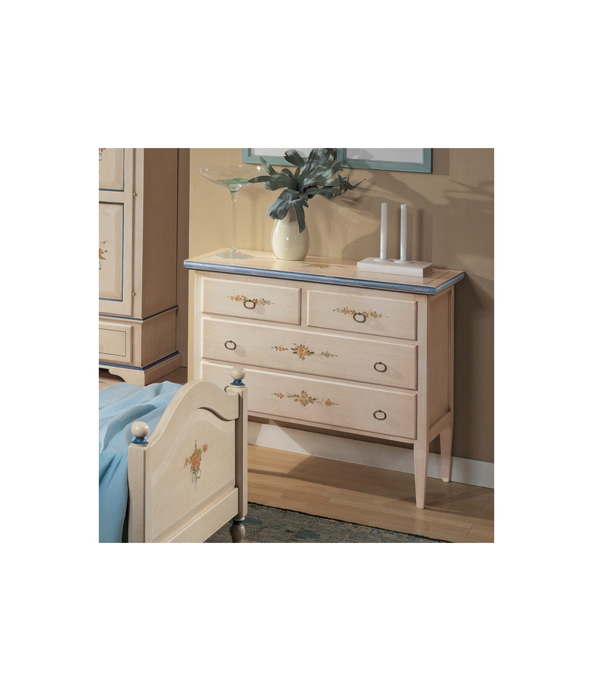 MOBILI 2G - COMO 4 CASSETTI BIANCO FILO BLU IN LEGNO