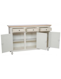 MOBILI 2G - MADIA CREDENZA NAPOLETANA 3 PORTE BIANCO DECORI  L.150 P.43 H.98 vista frontale apertura cassetti e porte