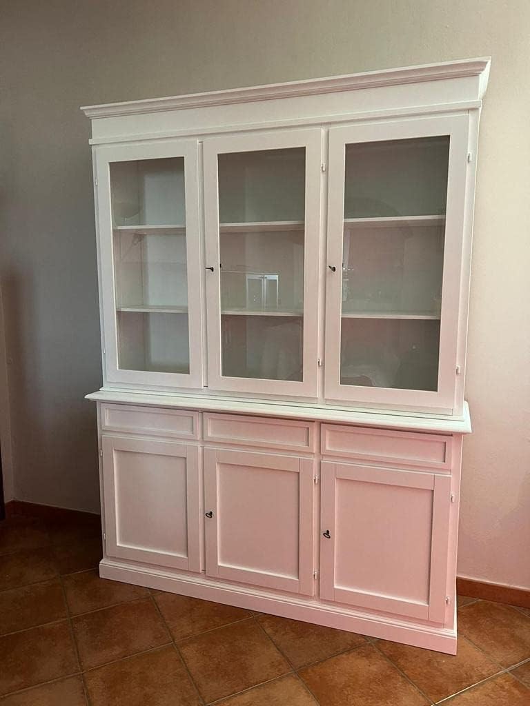 CREDENZA CRISTALLIERA ARTE POVERA LEGNO MASSELLO IN FINITURA BIANCO SHABBY