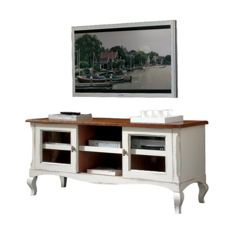 MOBILI 2G - Porta Tv 2 porte scorrevoli Shabby legno bianco Consuma