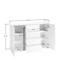 MOBILI 2G - Madia moderna 2 ante 4 cassetti antracite bianco lucido 140x38x92 vista frontale aperto misure