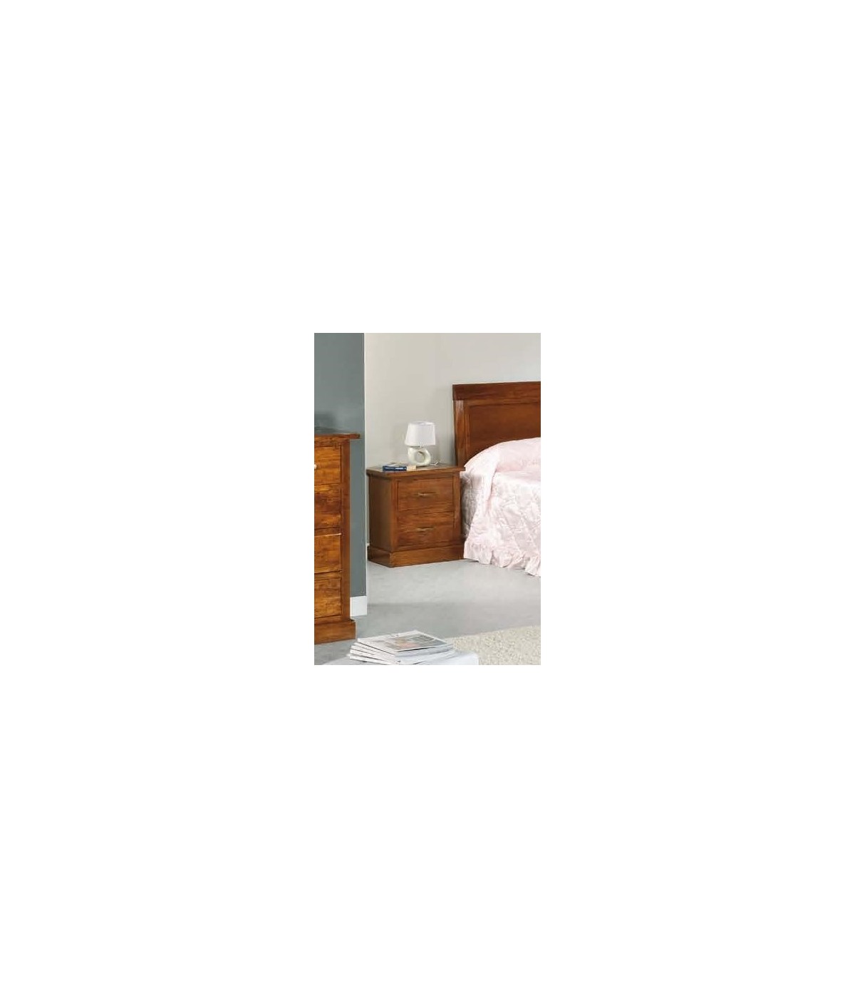 MOBILI 2G - Comodino 2 Cassetti In Legno Massiccio Arte Povera Noce Bassano 53x36X59 VISTA FRONTALE