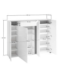 MOBILI 2G - Scarpiera moderna 4 ante 1 cassetto antracite bianco lucido 149x34x114 vista frontale misure