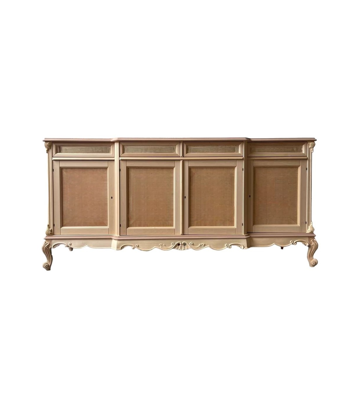 MOBILI 2G - Credenza 4 porte 4 cassetti classica barocco Legno grezzo 227x60x106 vista frontale