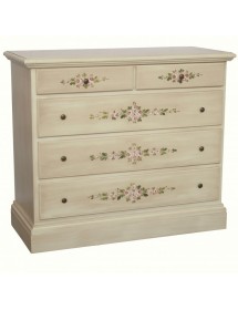 MOBILI 2G - Cassettiera 5 cassetti legno shabby avorio anticato decori 117x51X101 vista frontale