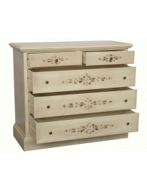 MOBILI 2G - Cassettiera 5 cassetti legno shabby avorio anticato decori 117x51X101 vista frontale