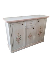 MOBILI 2G - Credenza 3 porte 1 cassetto bianco anticato decori filo rosa 120x39x85 vista frontale