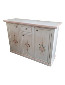 MOBILI 2G - Credenza 3 porte 1 cassetto bianco anticato decori filo rosa 120x39x85 vista frontale