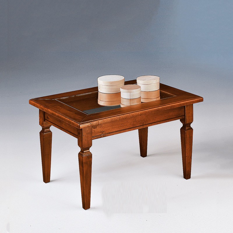 Tavolo rettangolare, piano in vetro, gambe in legno massello